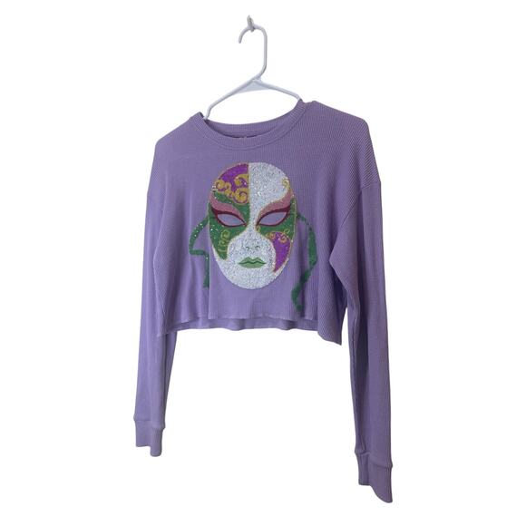 Sparkle City Sz S Mardi Gras Mask Waffle Top Purple Longsleeve - Excellent - Picture 3 of 7